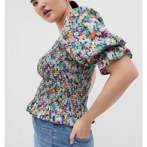 GAP Puff Sleeve Smocked Peplum Top Multicolor Ditsy Floral Short Sleeve Medium
